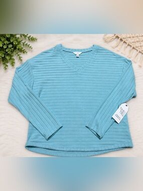 Time and Tru Aqua Ribbed V-Neck Sweater